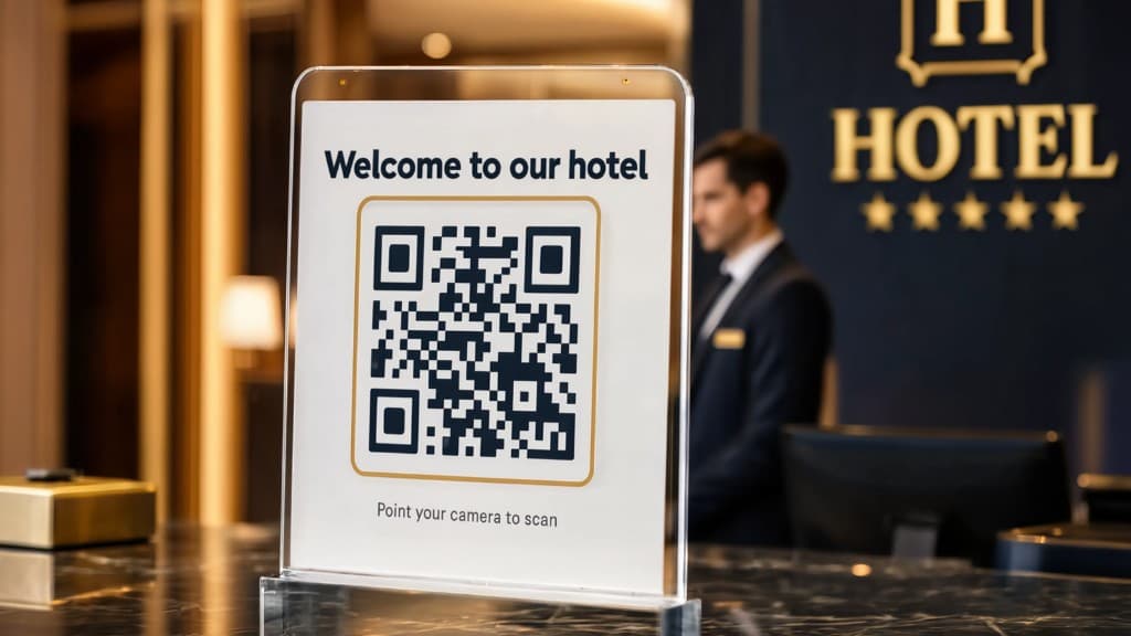 QR code on a hotel reception desk for a digital guest guide, with a five-star hotel lobby in the background