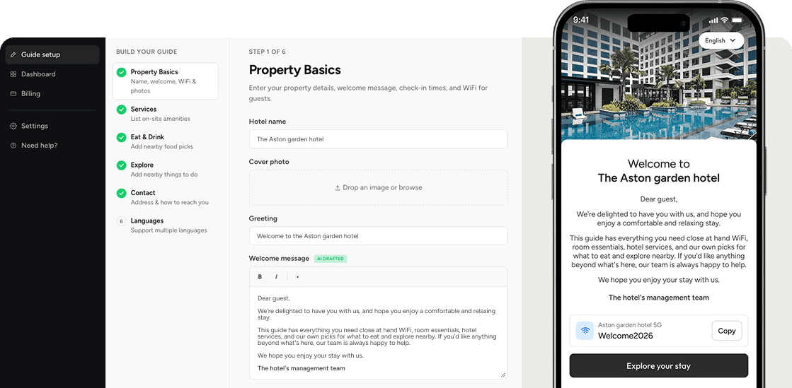 Goloby guide setup wizard with live guest preview on mobile