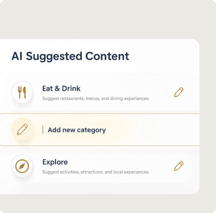 AI suggested Eat and Drink and Explore content in the guide editor